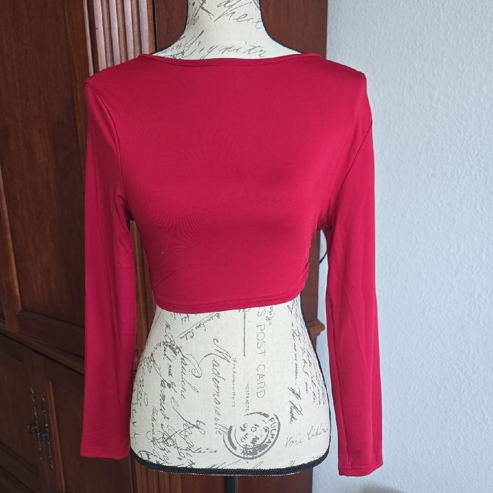 Red Long Sleeve Crop Blouse with Boat Neckline